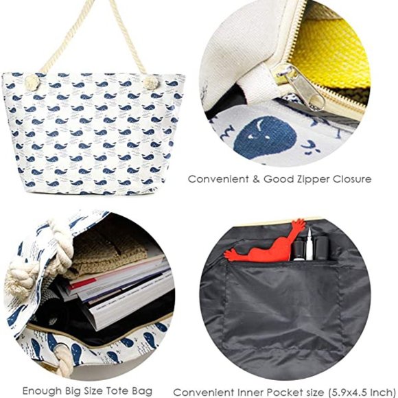 Navy Whale Canvas Tote Beach Bag - Picture 7 of 7